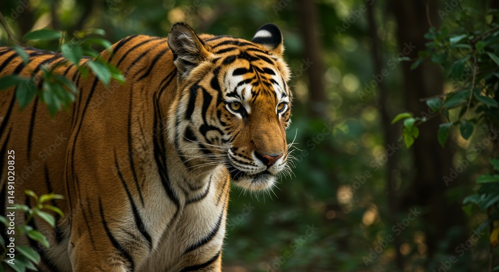 Fototapeta premium Magnificent Bengal Tiger Prowling Through Lush Green Forest Undergrowth