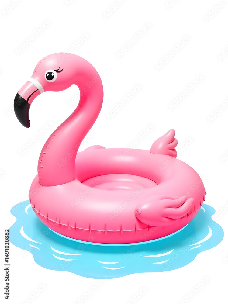 A whimsical pink flamingo inflatable pool float floating on a serene blue water surface. A whimsical pink flamingo inflatable pool float floating on a serene blue water surface.