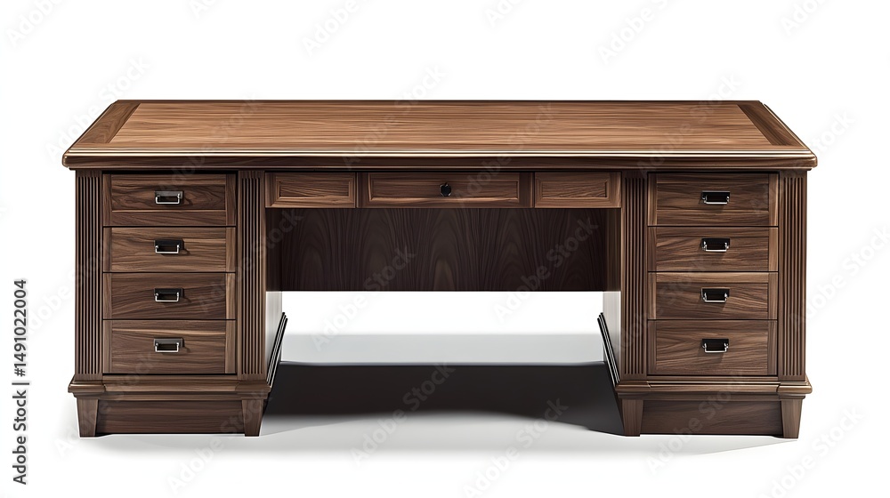 Large, elegant wooden office desk with multiple drawers. Large, elegant wooden office desk with multiple drawers.