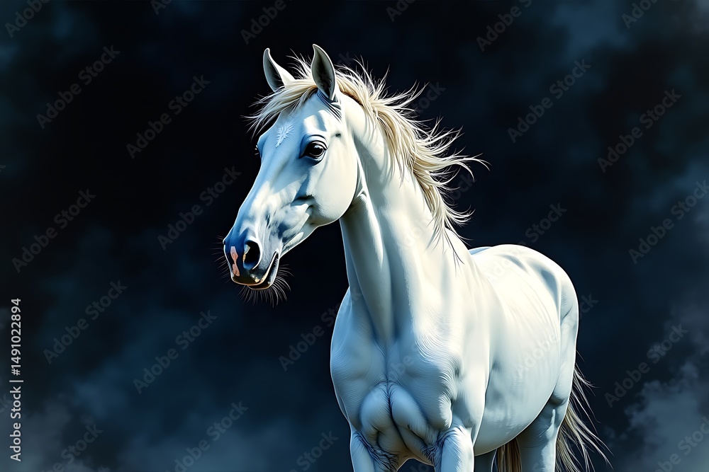 Obraz premium Oil painting of a horse’s front view and face, showcasing detailed features and lifelike in full dark background.