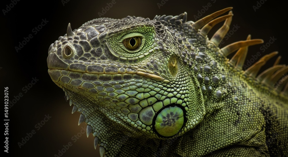 Fototapeta premium Detailed close-up of a vibrant green iguana showcasing intricate skin texture and captivating eye detail, isolated on dark background