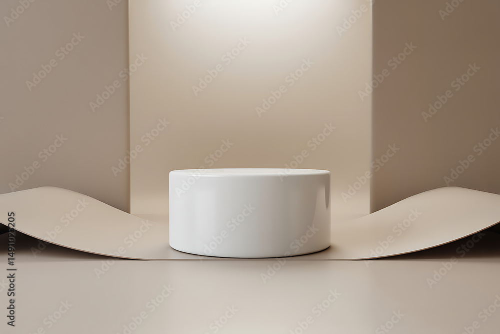 Minimalist beige product display with white cylinder Minimalist beige product display with white cylinder