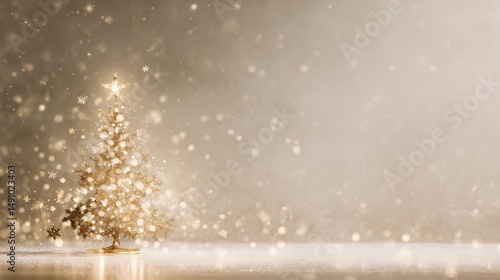 A Christmas background, a stylized Christmas tree made of golden lights, gifts and snowflakes, elegant luxury, the background has space for text