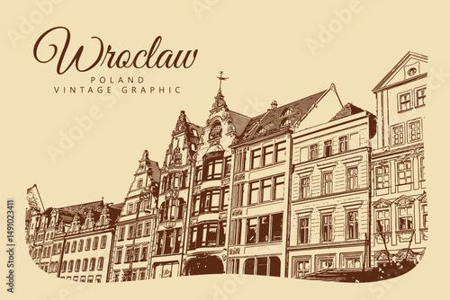 City ancient architecture, Wroclaw, Poland. Vintage brown and beige graphics, engraved, vector. Old retro design.