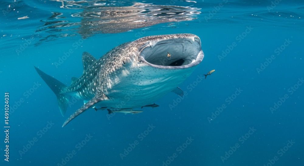 Obraz premium Magnificent Whale Shark Feeding in Open Ocean with Sunlight Reflections