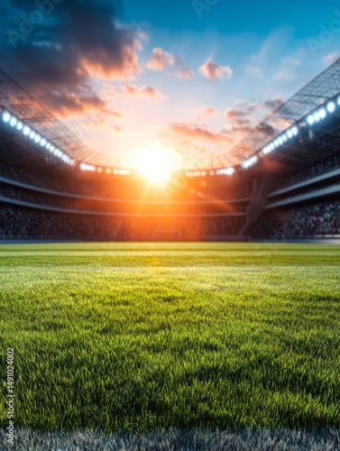 Dramatic Stadium Sunset Over Lush Green Field with Bright Lights