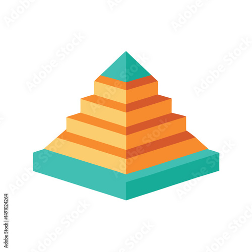 Colorful geometric illustration of a pyramid with tiered steps on a plain white background