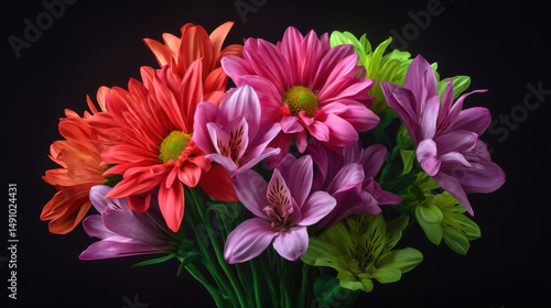 A vibrant bouquet of assorted flowers featu dahlias, alstroemeria, and mums creates a colorful and captivating floral arrangement against a dark background.