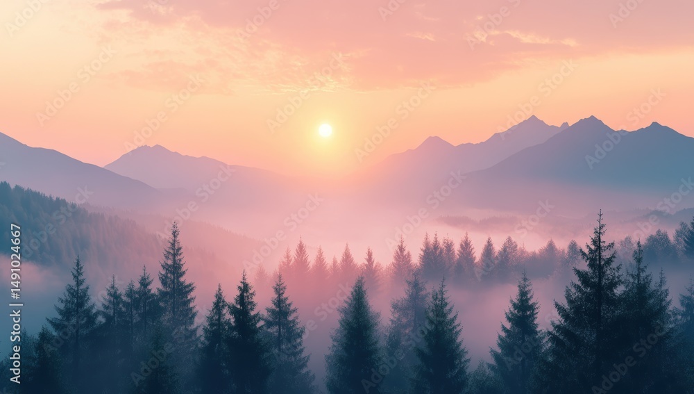 Obraz premium Misty Mountain Sunrise: A Breathtaking Landscape