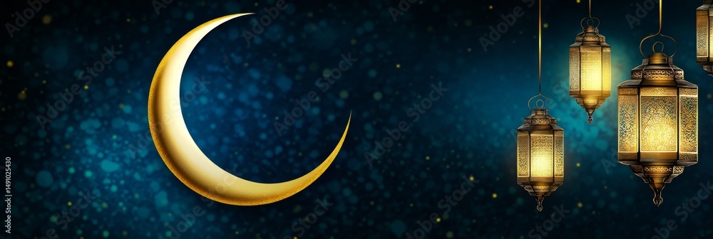 Fototapeta premium A beautiful night sky with a glowing crescent moon in the center and many lit up lanterns surrounding it. The lanterns are of various sizes and shapes, creating a warm and inviting atmosphere
