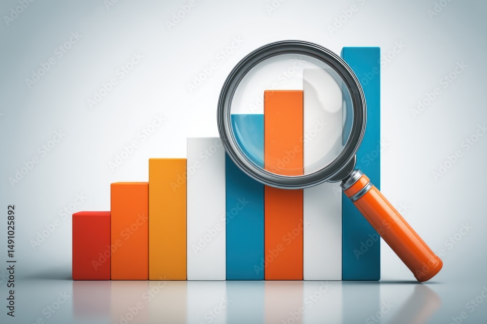 Bar graph with magnifying glass showing data analysis or business growth concept. Bar graph with magnifying glass showing data analysis or business growth concept.