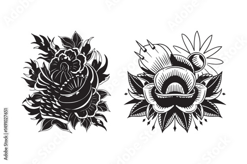 Bold Blackwork Floral Tattoo Designs Traditional Line Art Style