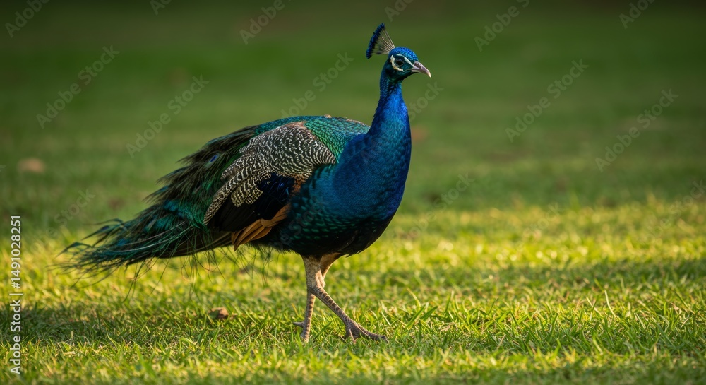 Fototapeta premium Majestic peafowl strolling across the lush green lawn on a sunny day