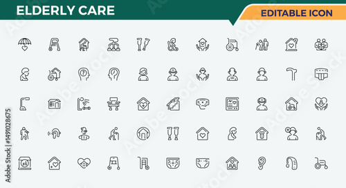 Elderly Care icon pack. Containing senior, elderly, elder, support, nursing, older. Disable icon pack. Minimalist linear icons. Vector illustration.