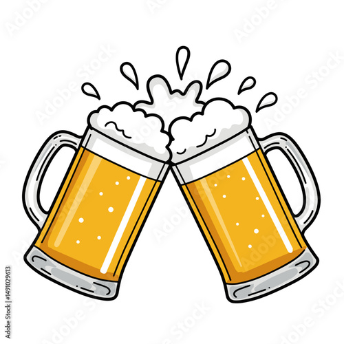Two beer mugs clinking with foam and splashes against white background  