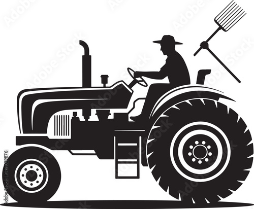 Black Silhouette of a Farmer on a Tractor with Pitchfork Agriculture Farming