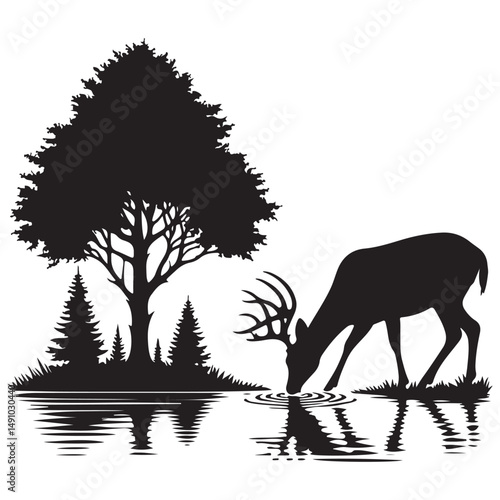 Deer Drinking Water Silhouette Vector Image at Lakeside Nature