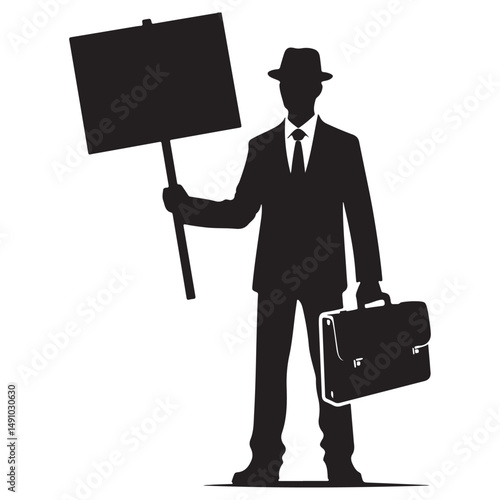 Business silhouette man with signboard illustration in protesting mode