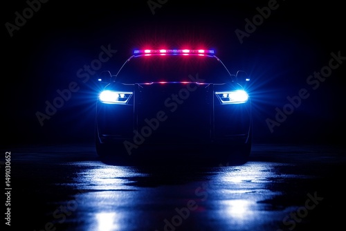 Police vehicle with flashing lights in a dark area at night