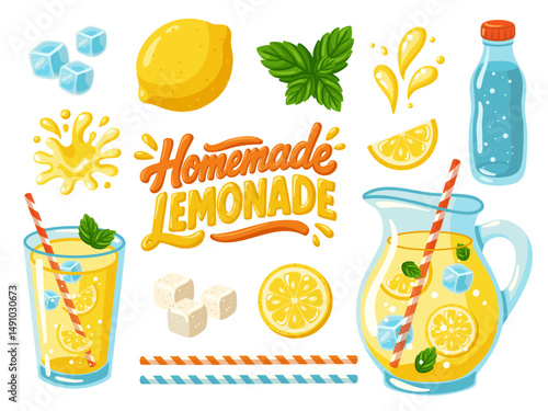 Homemade Lemonade ingredients and drinks set with lemon, mint, ice cubes, pitcher, glass. Cartoon vector illustration