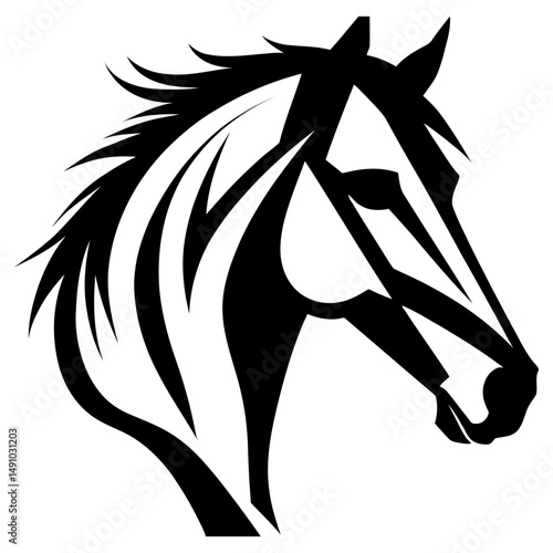 strong horse head portrait silhouette with textured mane and focused eyes detailed vector suitable for equestrian sports, ranch branding, and nature illustrations