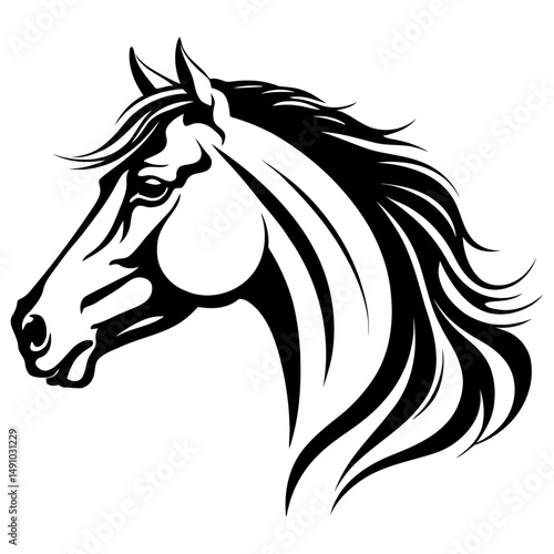 horse head side silhouette with expressive lines and wavy mane vector art for wildlife design, farm logos, western themes, and natural animal portraits