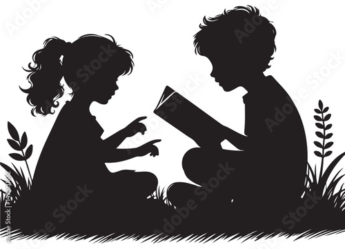 Silhouette Children Reading Vector Illustration Spark Imagination Together