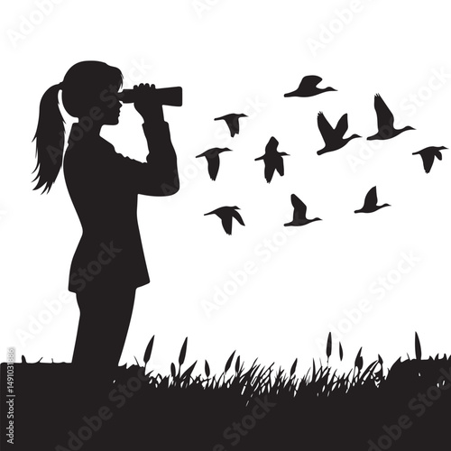 Silhouette birdwatching female with binoculars watching birds illustration artwork
