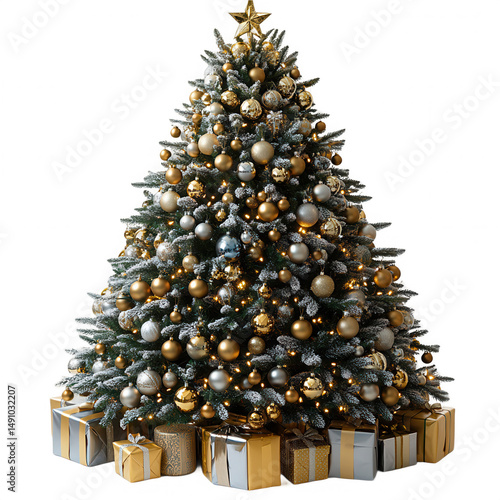 Decorated christmas tree with gifts and gold ornaments holiday season image on transparent background
