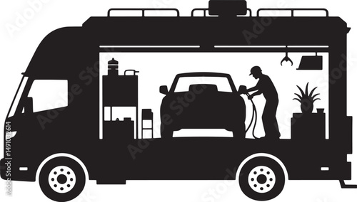 Mobile Car Wash Truck Silhouette with Worker Cleaning a Vehicle Inside the Truck