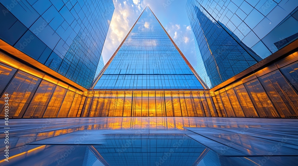 Fototapeta premium Modern glass skyscrapers at sunset, reflecting in plaza.