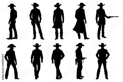 group of cowboy silhouettes standing tall with guns ready western wild west shootout scene rugged rancher style vector perfect for country designs vintage logos