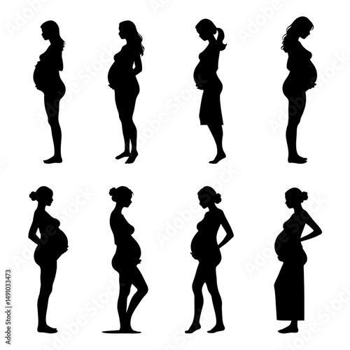 set of pregnant women standing in various poses celebrating motherhood diverse expectant mothers vector silhouettes perfect for health campaigns maternity designs and family themes