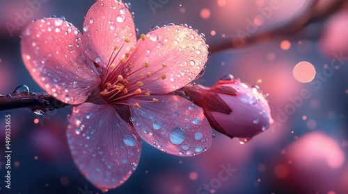Delicate pink flower with dew drops