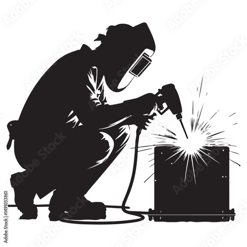 Welder Silhouette Working on Metal with Sparks Flying Vector Illustration