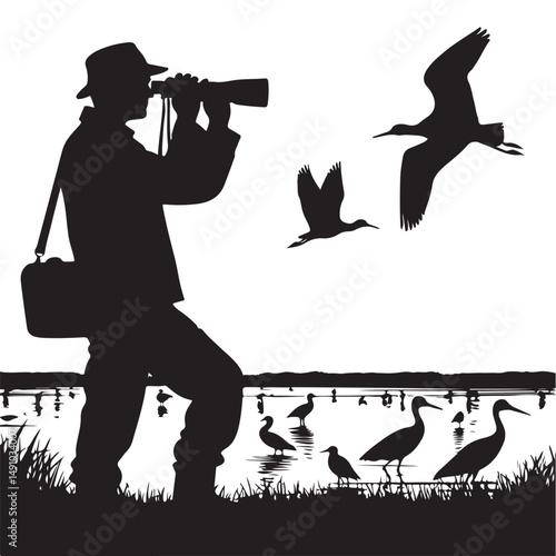 Birdwatcher Silhouette Illustration Observing Wildlife in Natural Habitat