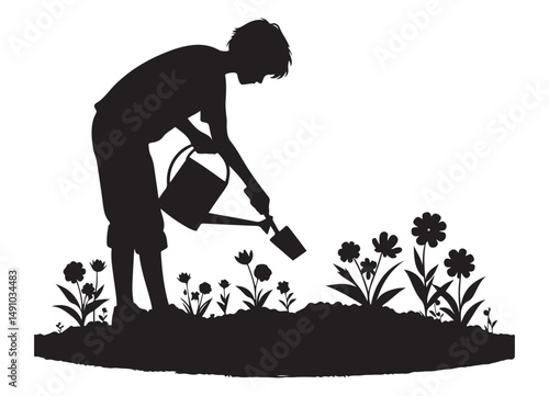 Silhouette of Child Gardening Watering Flowers Cultivating Home Garden Project