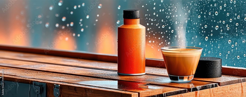Coffee thermos and cup on a wooden table near a rainy window