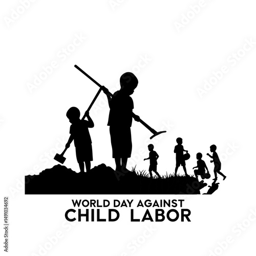 Silhouette of children working with tools for world day against child labor illustration art