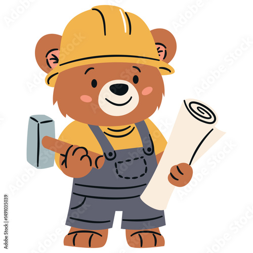 Flat vector illustration in a simple children's style. Cute builder bear with helmet and blueprints on white background . Vector illustration