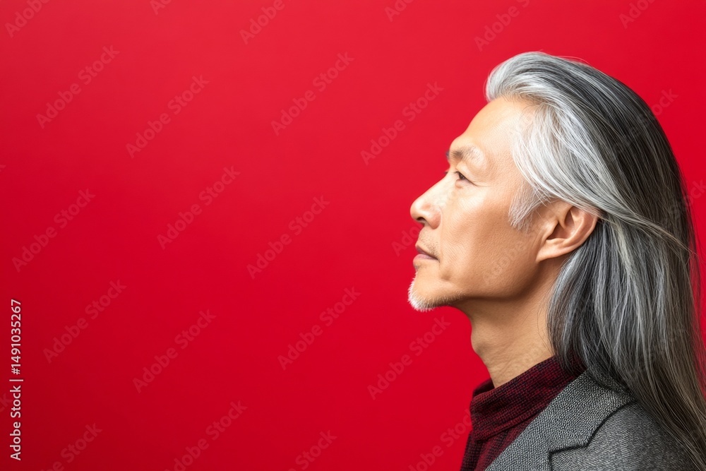 Fototapeta premium Trendy men's undercut haircut - midlife asian man with long hair. Red solid background. Pattern of style for aging men. A professional studio photography session of a stunning man.