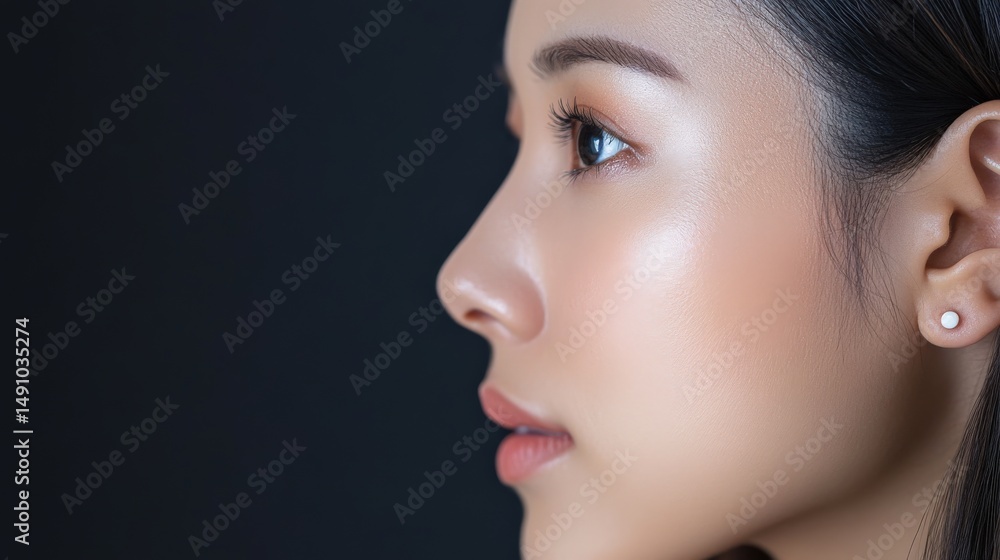 Fototapeta premium Close-up profile view of a woman's radiant complexion.
