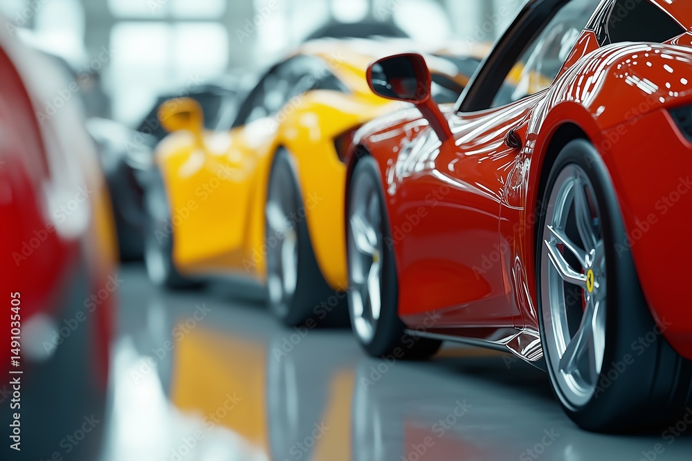 Colorful lineup of modern cars on display in a spacious showroom Colorful lineup of modern cars on display in a spacious showroom