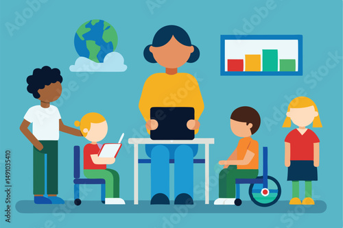  group of diverse children in a classroom setting, including a student in a wheelchair, working together at desks, with a globe and bookshelves in the background, flat vector illustration, vibrant co
