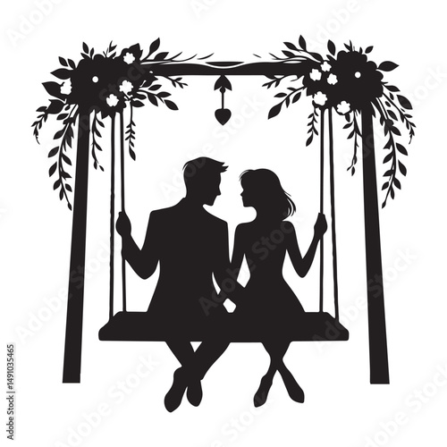 Romantic Silhouette Illustration Couple on Swing Decorated with Flowers