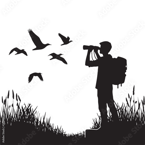 Birdwatcher silhouette illustration observing wildlife in nature vector graphic