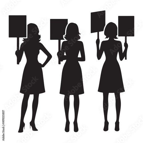 Women protesting holding signs silhouette illustration vector graphic design