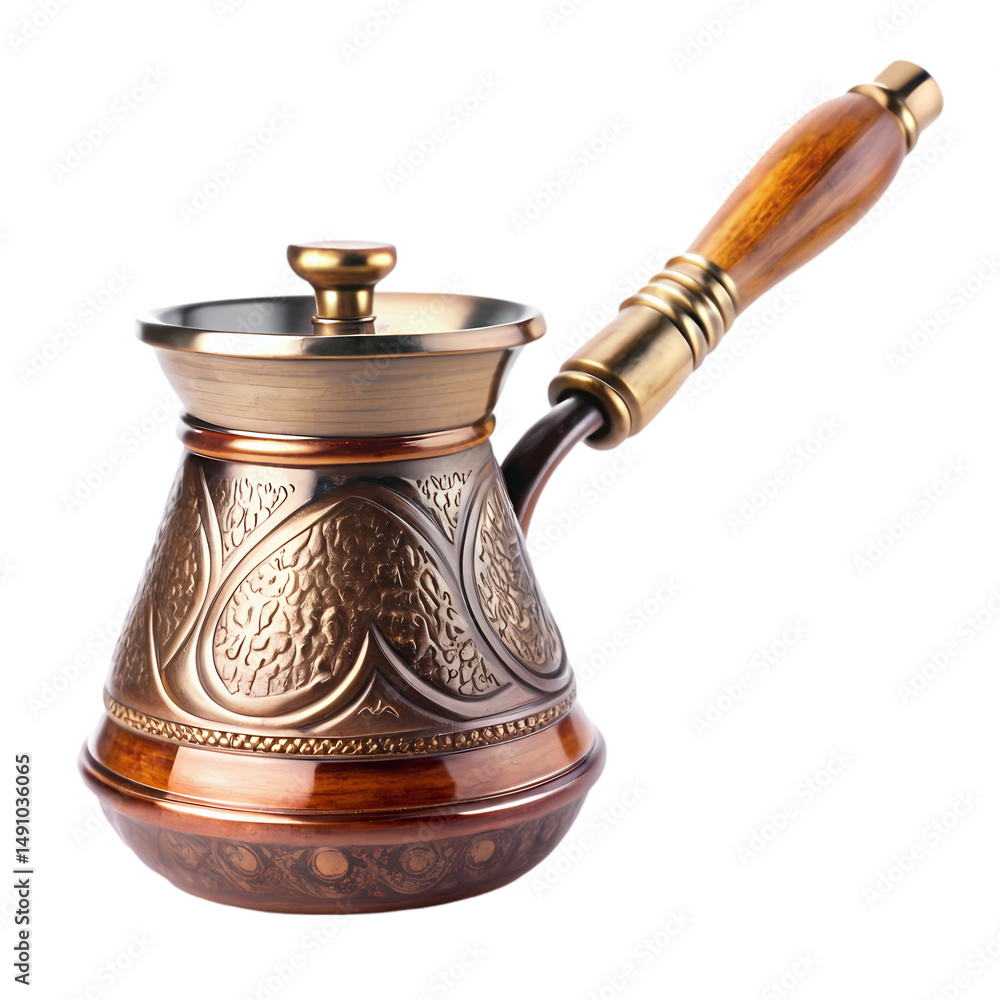 Turkish Coffee Pot Copper Cezve with Wooden Handle Engraved Design Traditional Coffee Maker isolated on transparent background Turkish Coffee Pot Copper Cezve with Wooden Handle Engraved Design Traditional Coffee Maker isolated on transparent background