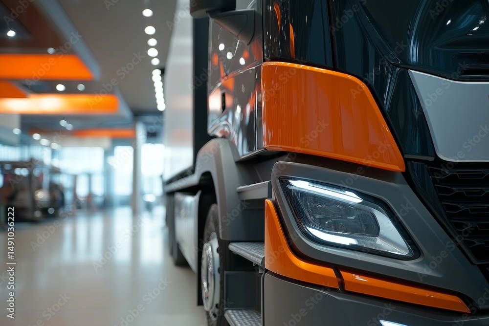 Brightly colored trucks on display in a modern showroom during daylight hours Brightly colored trucks on display in a modern showroom during daylight hours