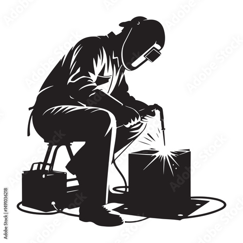 Silhouette Welder at Work Illustration Wearing Protective Gear